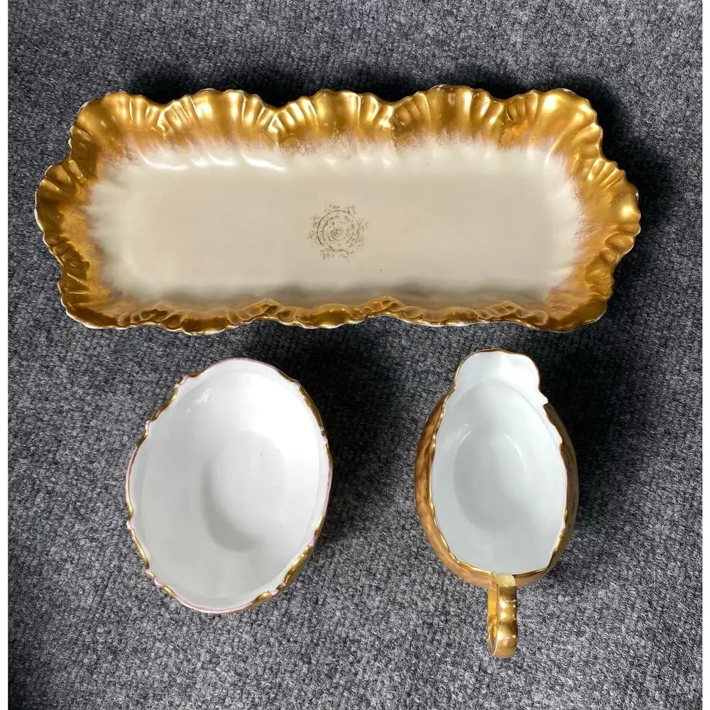 Haviland Limoges Porcelain Gold Gilded Creamer & Sugar Bowl w/Plate Set c1900